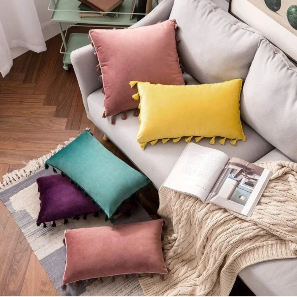 Luxury Home | Oversized Boho Chic Mauve Soft Velvet Tassel Trim Pillow Covers